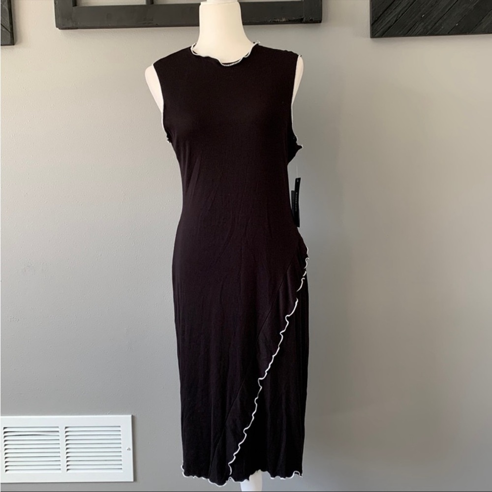 Bebe Sleeveless Ribbed Black Midi Dress with Ruffle Piping Detail